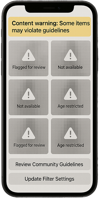 Phone showing content warnings and flagged content